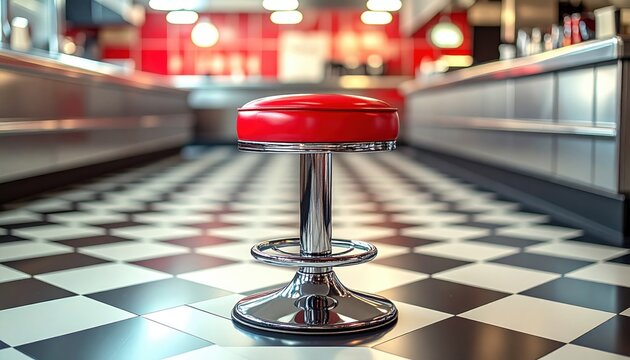 A gleaming chrome diner stool with a vibrant red seat stands on a checkered floor in a classic American diner interior, evoking retro style.