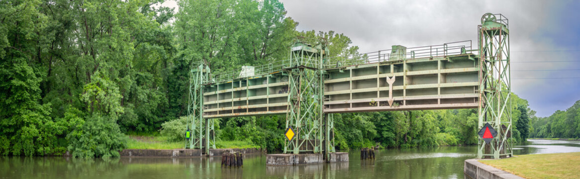 Counterweight of a lock and dam mechanical structure along the Erie Canal Trail outside of Rochester, NY