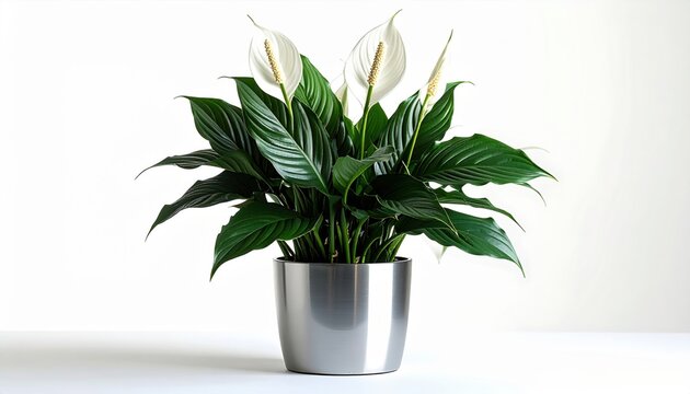 A Glossy Peace Lily Plant in a Silver Pot Displaying Vibrant Green Leaves and White Blooms
