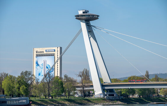 Bratislava, Slovakia - April, 11, 2026 : Bridge SNP and UFO tower view point in Bratislava. Slovakia.