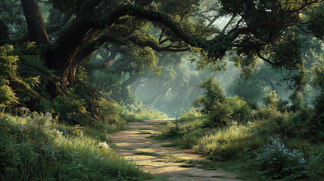 Peaceful forest path in morning light representing personal growth healing and inner calm journey