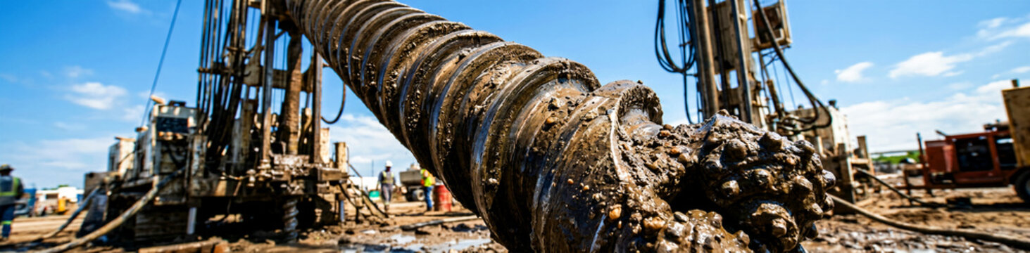 A powerful industrial drilling auger, showcasing its robust, mud-caked spiral and heavy-duty drill bit encrusted with dirt and stones, essential equipment for demanding ground excavation,