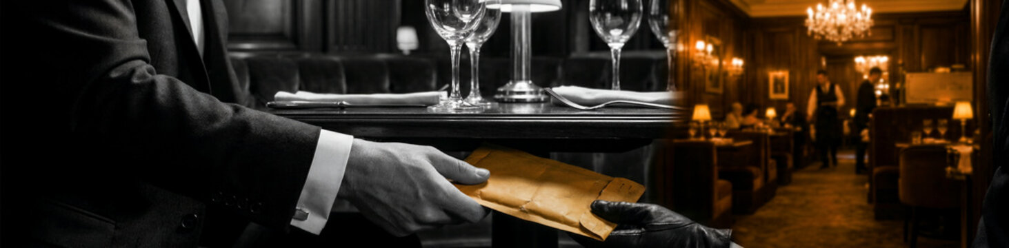 A man in a crisp suit with a shining cufflink discreetly passes a crumpled brown envelope into the gloved hand of another, hinting at a secret transaction, illicit exchange, or confidential dealing