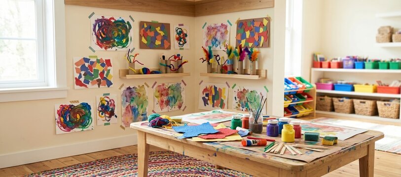 Scene child art corner with completed crafts on display