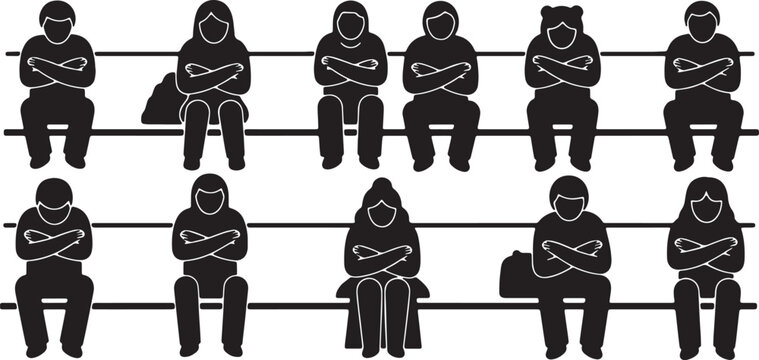 Black Solid Crowded Subway Protective Arm Sitting Silhouettes Set of Six on White Background