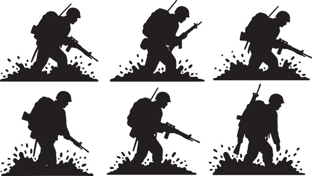 Black Solid Dense Mud Military Marching Silhouettes Set of Six on White Background