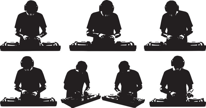 Black Solid DJ Equipment Reviewer Mixer Scratching Silhouettes Set of Six on White Background