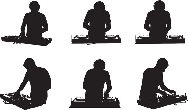 Black Solid DJ Equipment Reviewer Mixer Scratching Silhouettes Set of Six on White Background
