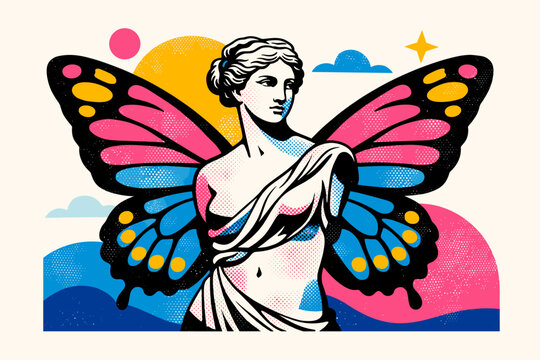 Creative risograph illustration of a classical Greek statue with vibrant butterfly wings, modern surreal pop art design featuring halftone textures, vintage goddess sculpture in a colorful collage.