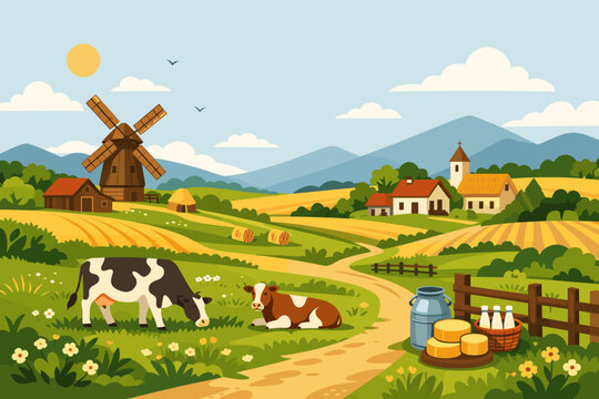 Rustic Rural Farm Landscape Illustration with Windmill, Grazing Cows, Rolling Green Fields, and Village Houses; Scenic Countryside Meadow with Dairy Products, Milk, Cheese, and Mountain Backdrop.