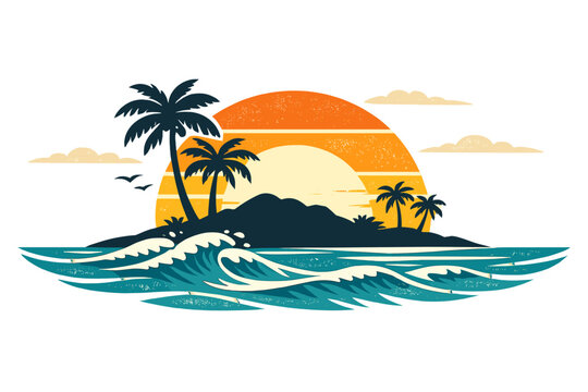 Tropical island silhouette with palm trees and ocean waves at sunset, vintage retro style vector illustration with sun and clouds, summer vacation paradise beach landscape graphic design.