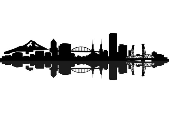 Vector silhouette illustration of Portland, Oregon city urban skyline. Modern minimalist cityscape graphic featuring Mount Hood and iconic bridges reflected in water. Pacific Northwest landmark.