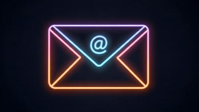 A neon-lit email icon glowing brightly in the dark