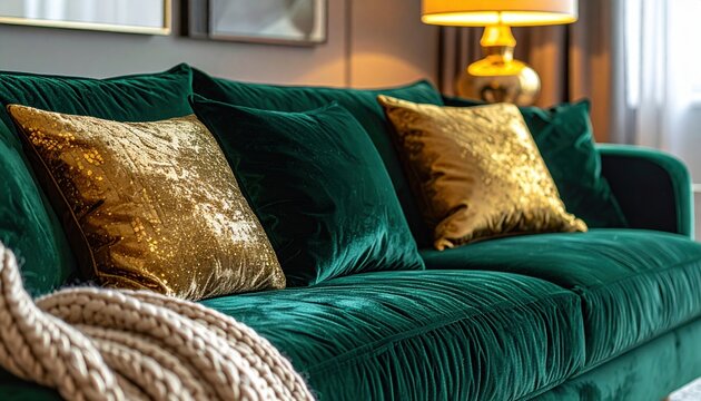Deep Emerald Velvet Sofa with Luxurious Gold Cushions and Textured Throw