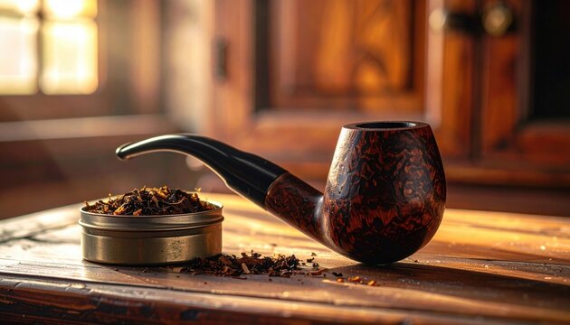 A traditional briar pipe filled with tobacco rests on a wooden surface, showcasing classic craftsmanship and warm, inviting light.
