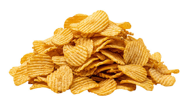 Golden yellow corn chips pile scattered isolated on transparent background