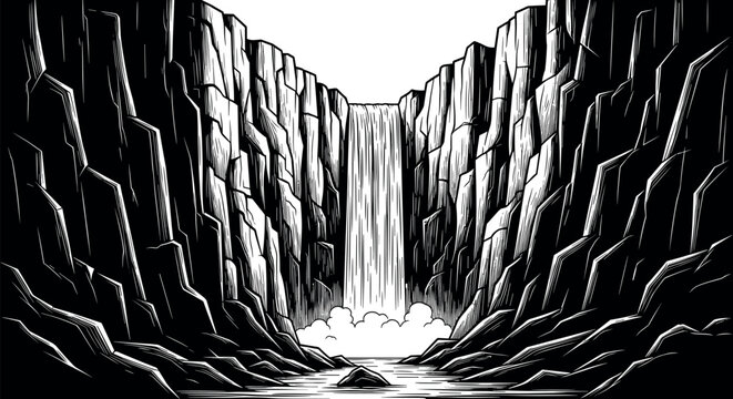 Waterfall Canyon Landscape Black White Engraving Style Nature Mountain Cliff Vector Illustration