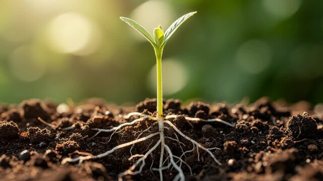 Close up of young green plant sprout with visible roots growing in fertile soil with sunlight background