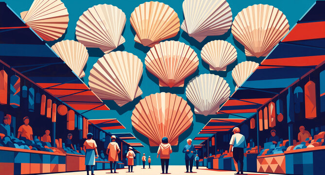 Stylized illustration featuring giant scallop shells displayed above a vibrant, crowded marketplace scene with shoppers and vendors.
