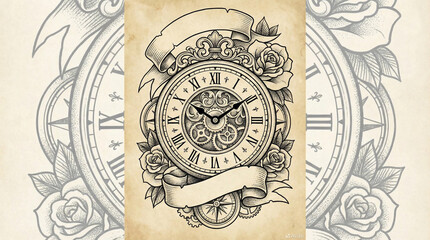 Fototapeta premium vintage clock illustration with floral ornate design