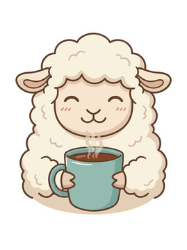Smiling Sheep Holding Coffee Mug.