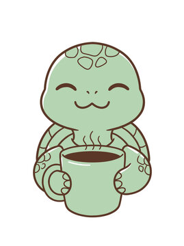 Smiling turtle holding a coffee mug.