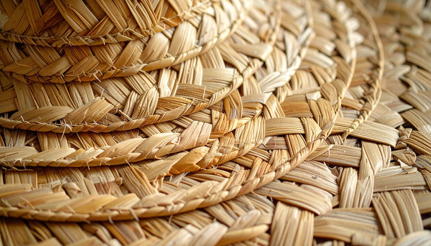 Close up of a woven straw hat with detailed texture and natural tones
