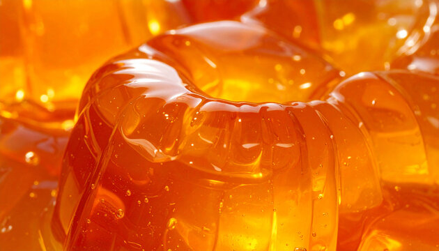 Close up of golden gelatin dessert showing texture and detail for food concepts