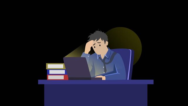 Animated 2D vector of a stressed businessman experiencing burnout while working overtime on a laptop late at night