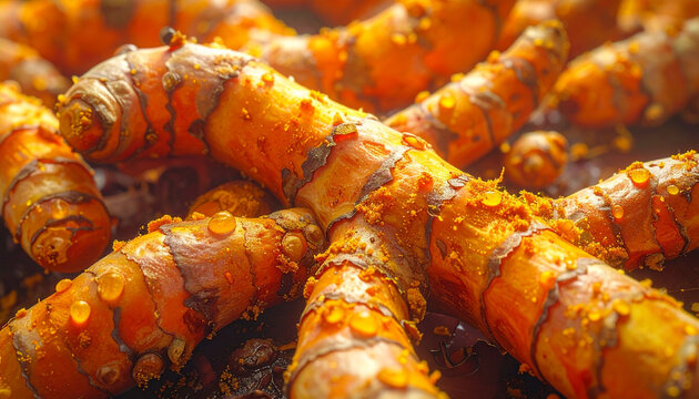 Close up of fresh turmeric roots displaying bright orange color and texture