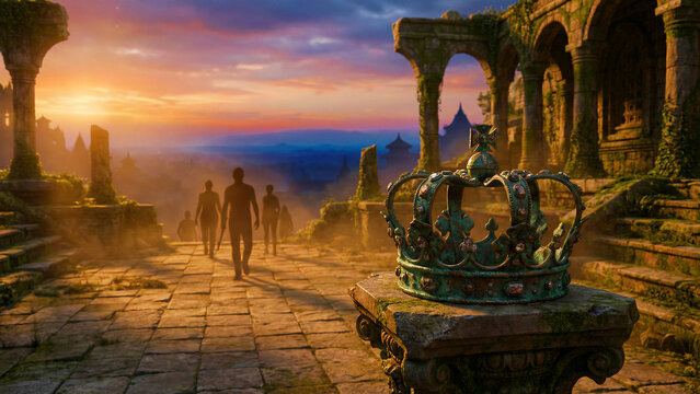An ancient, intricately detailed bronze crown, showing signs of verdigris from centuries past, rests prominently on a moss-covered stone pedestal in the foreground, symbolizing forgotten royalty and