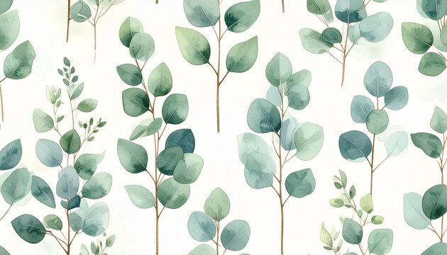 Watercolor eucalyptus branches pattern on white background for design and decor