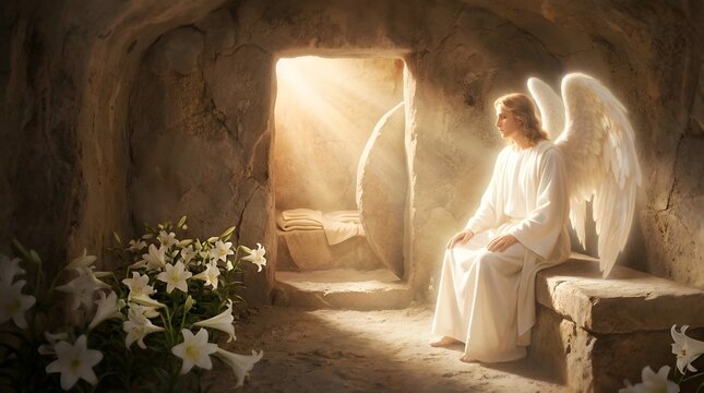Divine Angelic Figure Sitting by the Empty Stone Tomb of Jesus Christ Resurrection Scene with Celestial Light and White Lily Inside a Sacred Cave for Easter Celebration