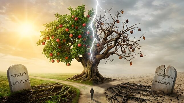 Metaphorical apple tree bifurcated into vibrant life and decaying death representing philosophical choice between integrity and corruption or religious virtue and sinful destruction.