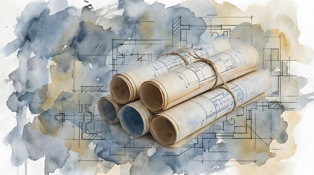 Architectural blueprint paper rolls laying on abstract artistic blue watercolor wash background featuring intricate technical schematic drawings and creative structural engineering design.