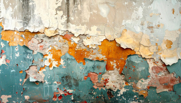 Weathered wall texture showing peeling paint and exposed brick detail