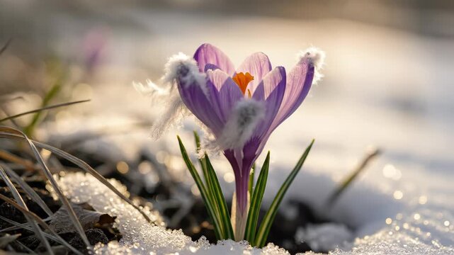 Frosty purple crocus flower blooming through winter snow 4K Video