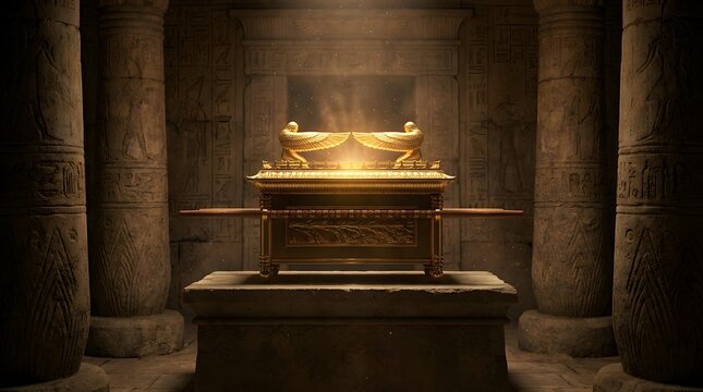 Ornate Golden Ark of the Covenant with Cherubim Inside Ancient Stone Temple Chamber, Sacred Biblical Relic and Holy Artifact with Divine Light Radiating from Lid, Historical Religious Symbol.