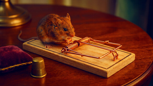 A small, brown wild mouse, with its distinctively keen senses and cautious demeanor, meticulously examines a traditional wooden snap trap, symbolizing potential danger and the natural instinct for