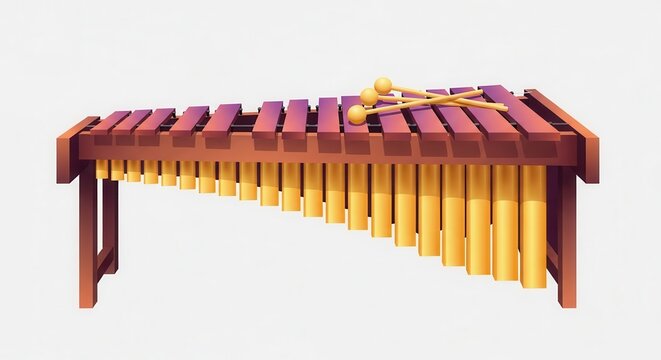 Vibrant wooden marimba with golden resonators and mallets for musical rhythm production