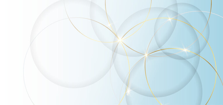 透明感のあるブルーグラデーションと重なり合う円形デザインにゴールドラインが輝く上品で未来的な抽象背景素材