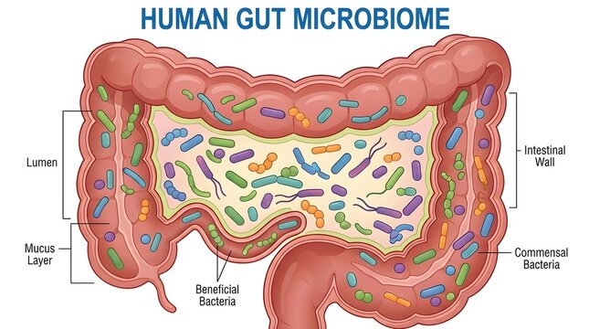 Microscopic 3D Illustration of Human Gut Microbiome Featuring Colonizing Intestinal Bacteria Flora and Microorganisms for Biomedical Research and Health Science Education
