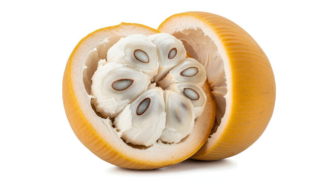 Ripe golden santol kecapi cut in half showing fluffy white cotton-like flesh isolated on a pure white background