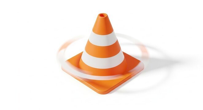 Dynamic orange traffic cone with white stripes, symbolizing caution and ongoing activity on the road