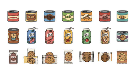 Obraz premium A diverse collection of colorful food packaging icons features various tin cans, juice boxes with straws, and bags of chocolate cookies on white ground.