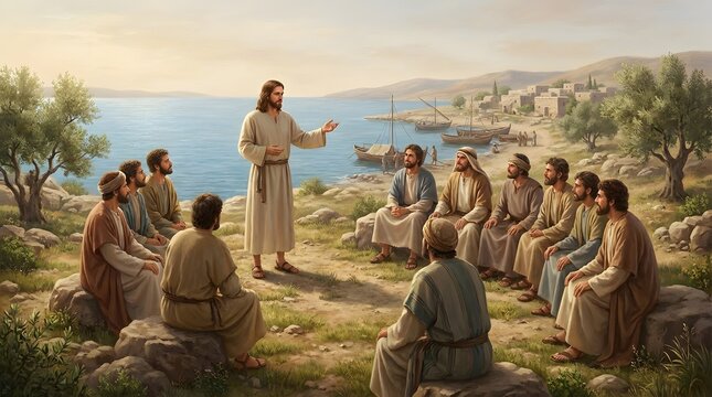 Jesus Christ preaching to the twelve apostles on a lush hillside overlooking the Sea of Galilee. Sacred biblical scene depicting a sermon in a historical Middle Eastern spiritual setting.