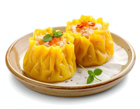 Delicious macro close up food photography of authentic steamed Chinese dim sum or siomay dumplings on a clean white background.