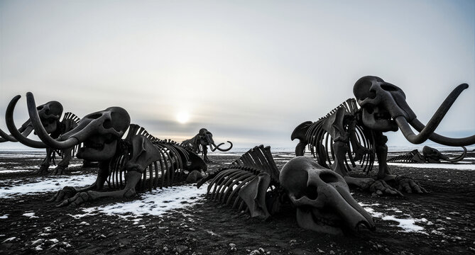 An evocative artistic installation presents numerous imposing fully reconstructed woolly mammoth skeletons featuring their long curving tusks and colossal bone structures, dramatically positioned on