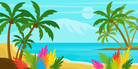 Obraz premium silhouette of coconut tree in flat style. illustration of palm tree in flat style. summer background. summer theme scenery 