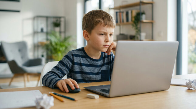 Young Boy Engaged in Learning: A young boy engrossed in his studies, expertly navigating the virtual world, showcasing his dedication to learning.
